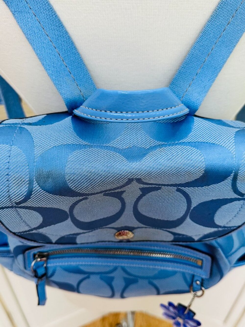 Coach Kyra Daisy Signature Backpack Blue Jacquard Flower Charm F16556 Rare Y2K - Picture 4 of 16